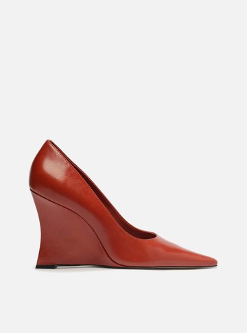 Scarpin Laranja Couro Salto Anabela Bico Fino
