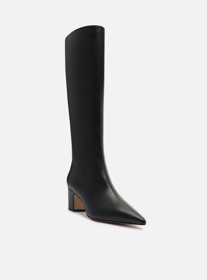 Bota Preta Couro Cano Longo Bico Fino Zíper