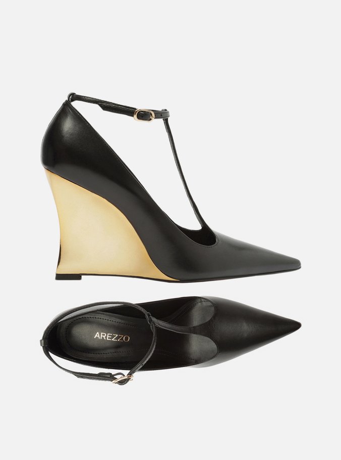 Scarpin Preto Couro Salto Anabela Dourado Tira