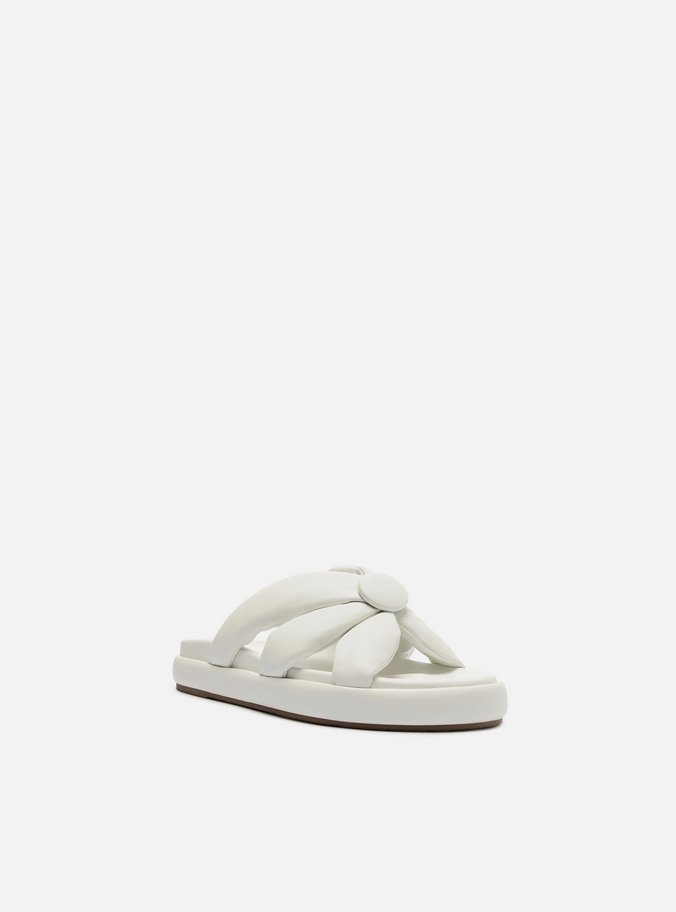 Rasteira Branca Couro Flatform Tiras Botão