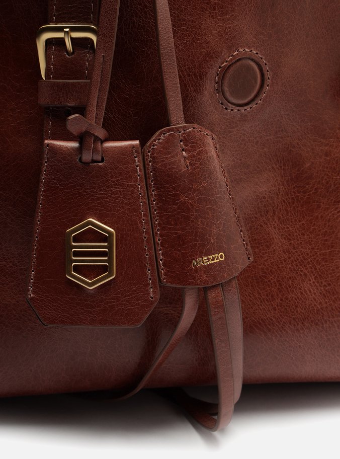 Bolsa Tote Marrom Couro Estonado Média Metal