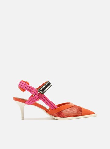 Scarpin Laranja Tela Salto Baixo Slingback Cordão