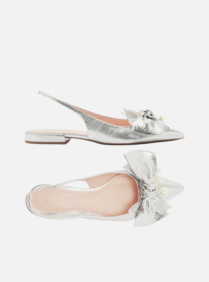 Sapatilha Prata Couro Slingback Laço Pérolas
