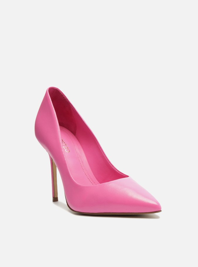 Scarpin Rosa Couro Salto Alto Bico Fino