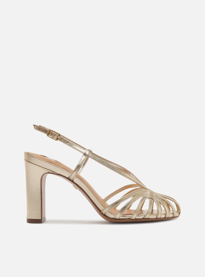 Sandália Dourada Couro Salto Bloco Tiras Slingback