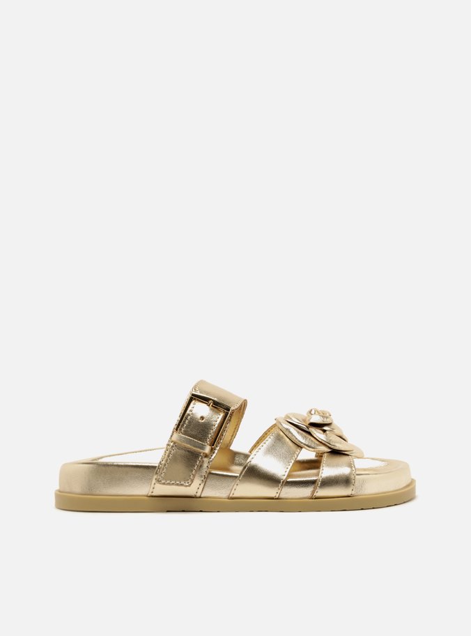 Sandália Rasteira Dourada Couro Flor Fivela