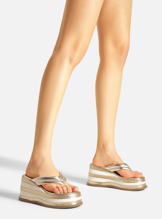 Tamanco Dourada Couro Plataforma Flip Flop