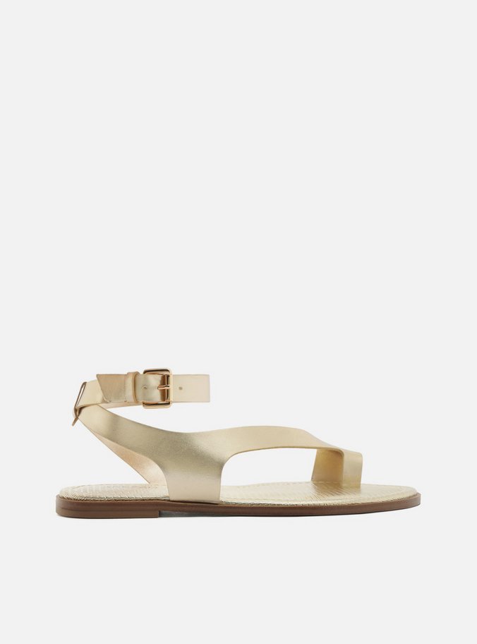 Sandália Rasteira Dourada Couro Tira Dedeira