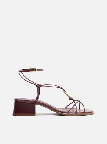 Sandália Vermelha Salto Bloco Tiras Metal