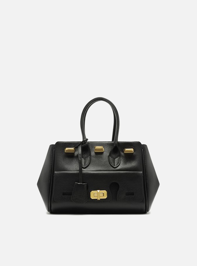 Bolsa Tote Preta Couro Média Bolso Recortes