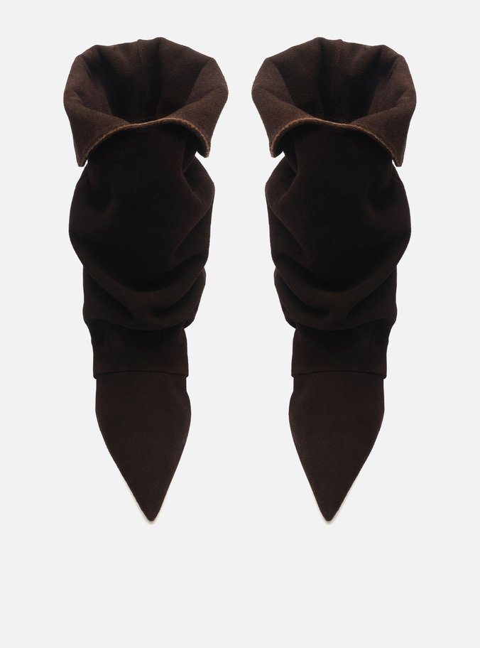 Bota Marrom Café Suede Cano Médio Salto Fino Slouch