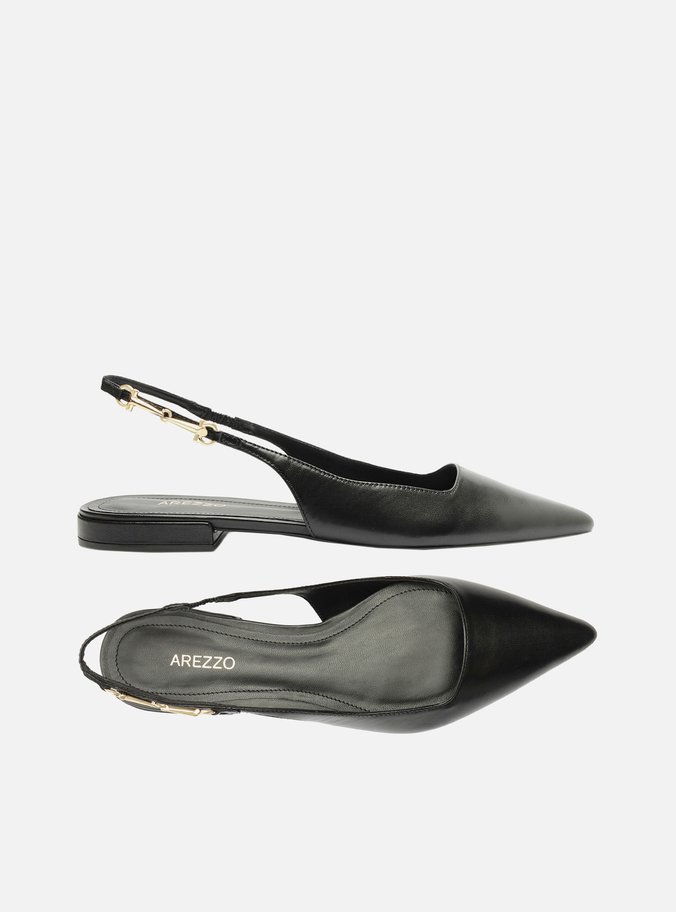 Sapatilha Preta Couro Slingback Detalhe Metal