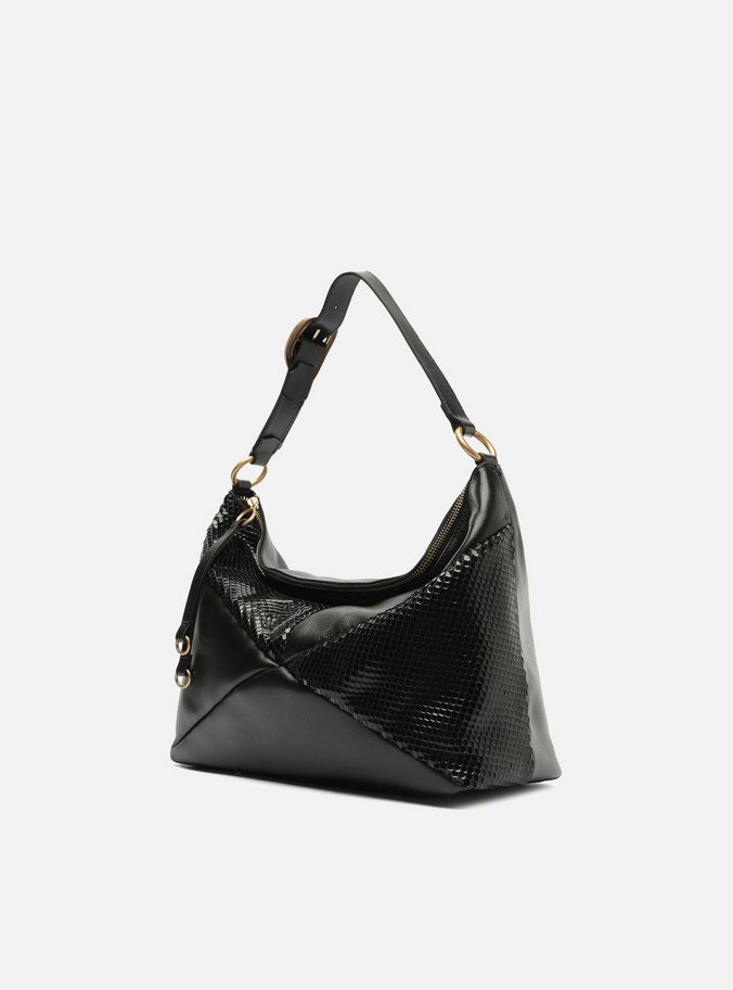 Bolsa Hobo Preta Couro Média Texturizada