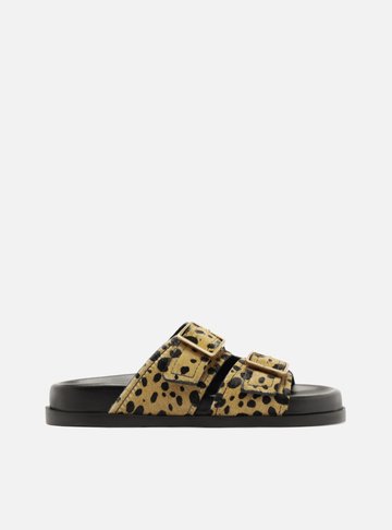 Arezzo — Sandália Papete Animal Print Natural Tiras Fivelas