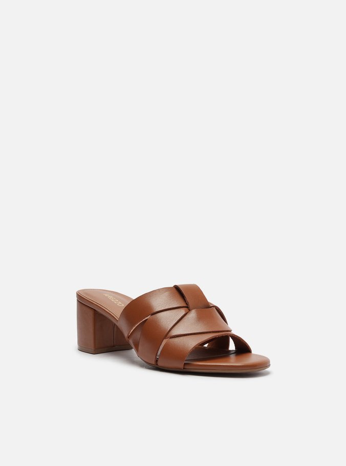 Mule Marrom Couro Salto Bloco Cabedal Tiras