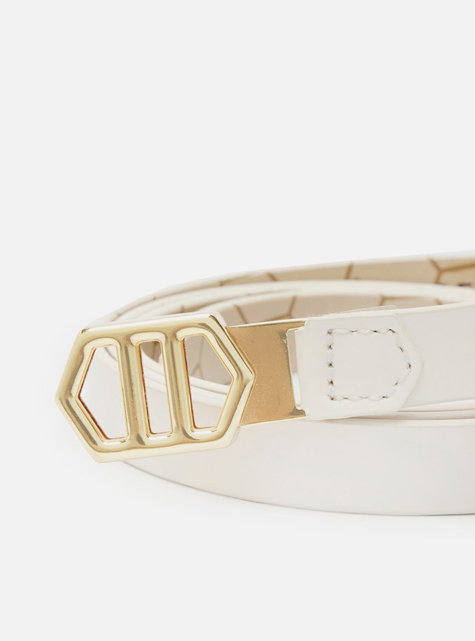 Cinto Branco Couro Fino Fivela Hexagonal