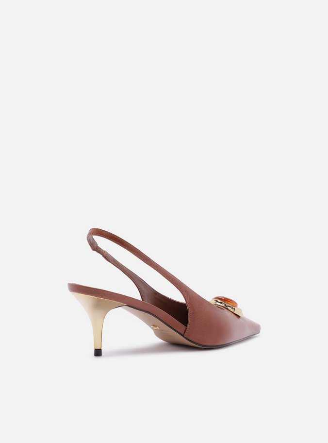 Scarpin Marrom Couro Salto Baixo Slingback Pedraria