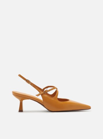 Scarpin Amarelo Couro Salto Médio Slingback Fivelas