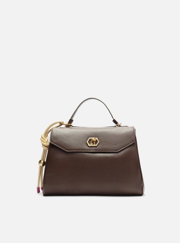 Bolsa Satchel Marrom Couro Média Bag Charm Nó