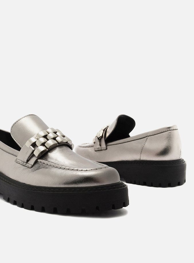 Mocassim Prata Couro Tratorado Metal