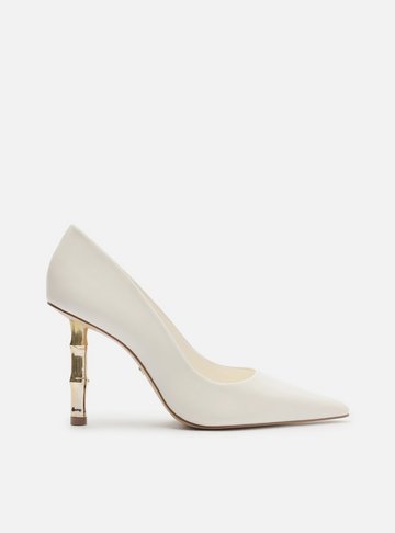 Scarpin Branco Couro Salto Bamboo Metal