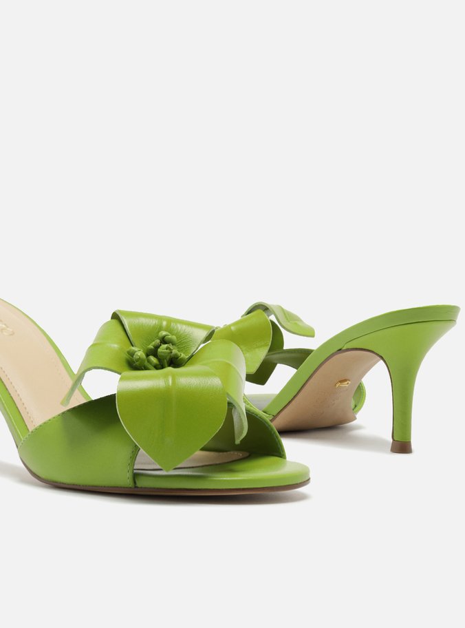 Mule Verde Couro Salto Fino Fiori