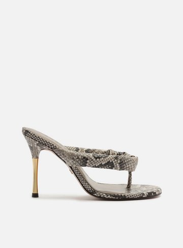 Arezzo — Sandália Animal Print Salto Fino Dourado Franzido