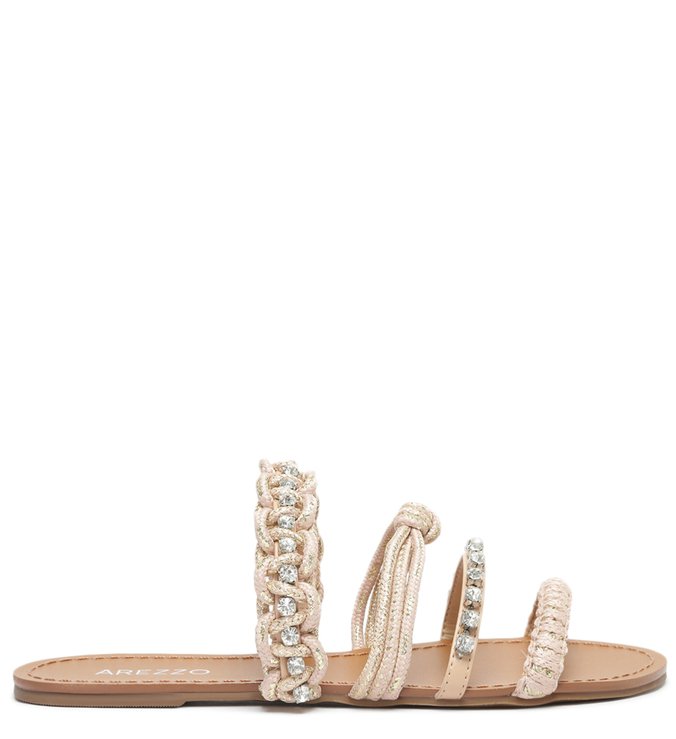 Rasteira Bege Flat Tiras Cristais