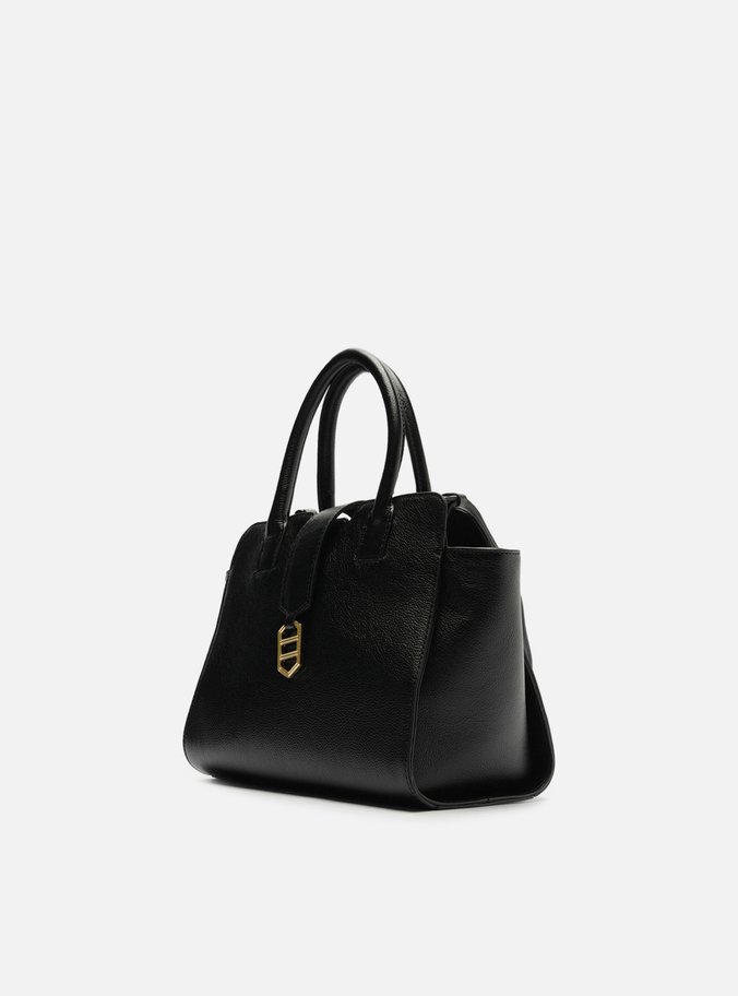 Bolsa Tote Preta Couro Média Metal ID