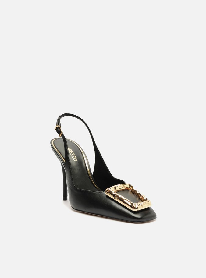 Scarpin Preto Couro Bico Quadrado Slingback Metal