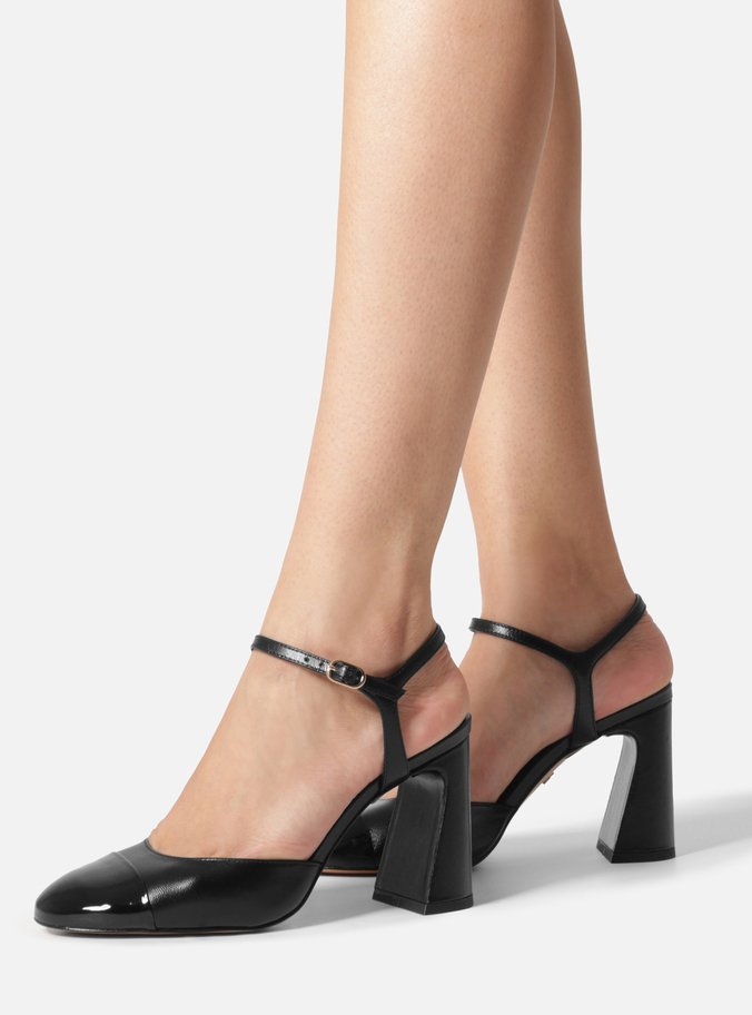 Scarpin Preto Couro Salto Bloco Fivela Slingback Cap Toe Preto