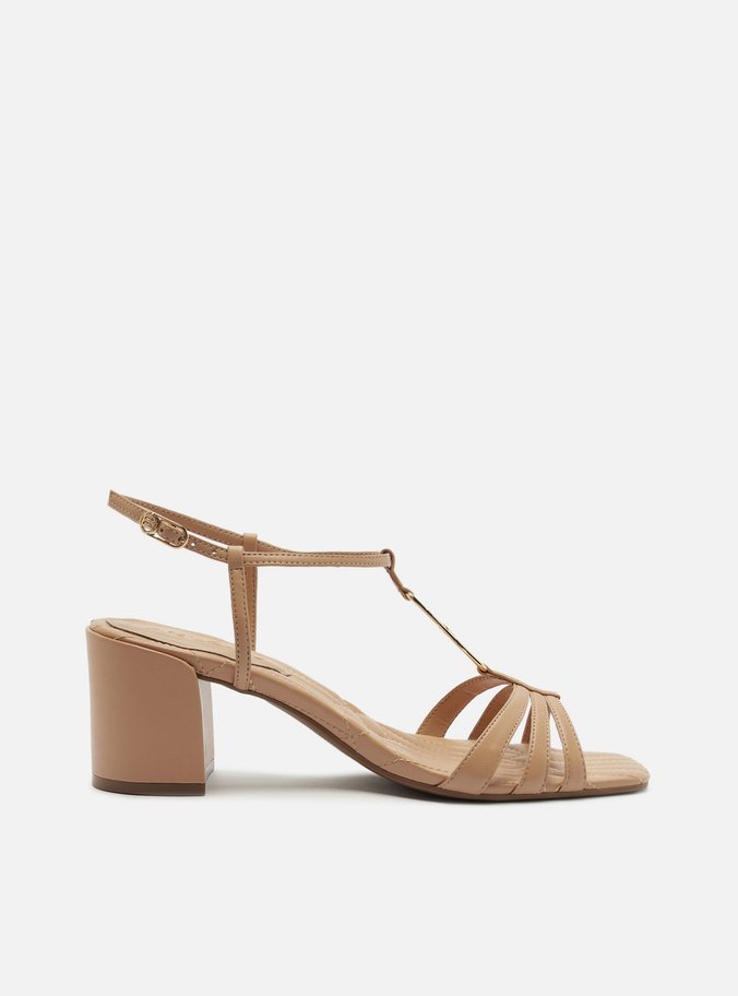 Sandália Nude Salto Bloco Fivela Metais