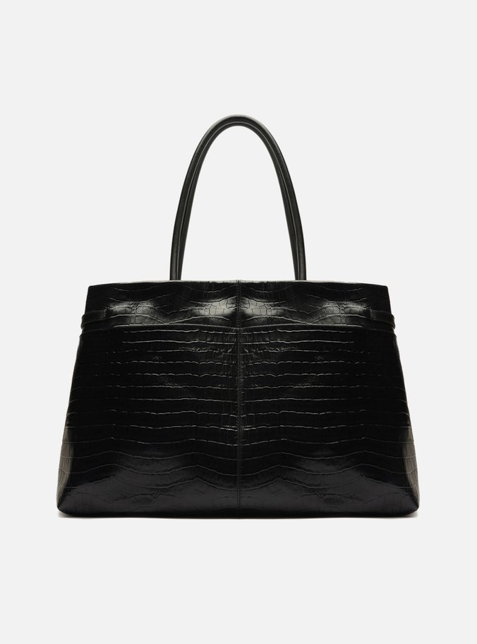 Bolsa Shopping Preta Couro Croco Grande Fivelas