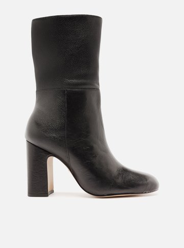 Bota Preta Couro Cano Médio Salto Bloco Lisa