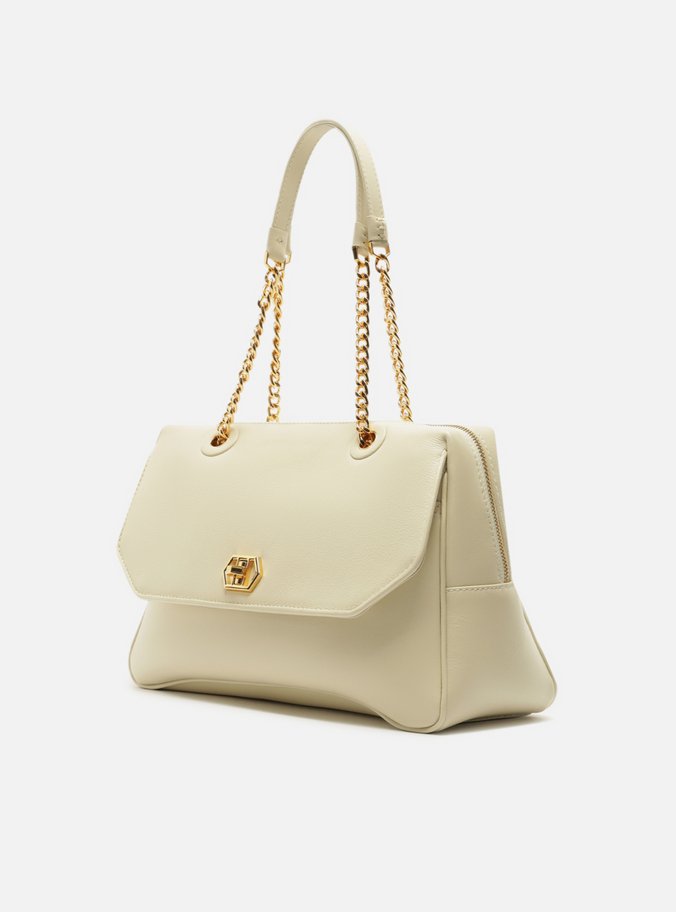 Bolsa Bowling Branca Couro Grande Encaixe Metal