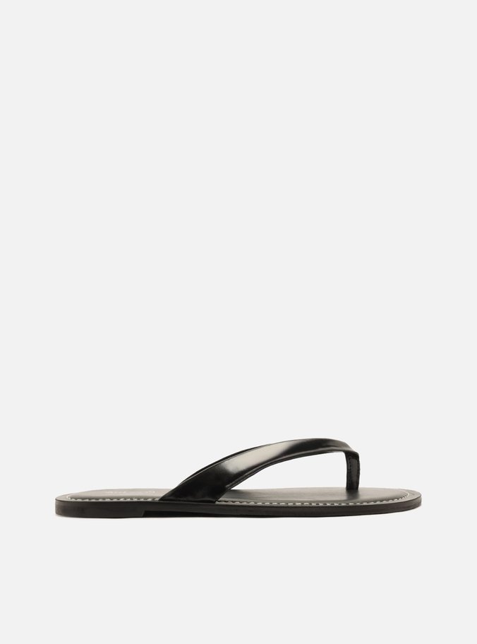 Chinelo Rasteiro Preta Couro Tira V