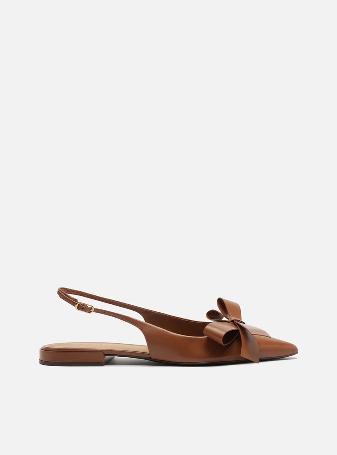 Sapatilha Marrom Couro Bico Fino Slingback Laço