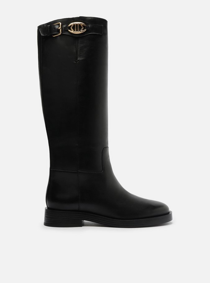 Bota Preta Couro Cano Longo Montaria Metal