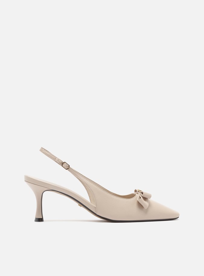 Scarpin Branco Couro Bico Quadrado Slingback Laço