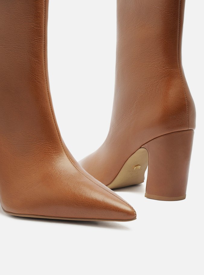 Bota Caramelo Couro Cano Médio Bico Fino Zíper