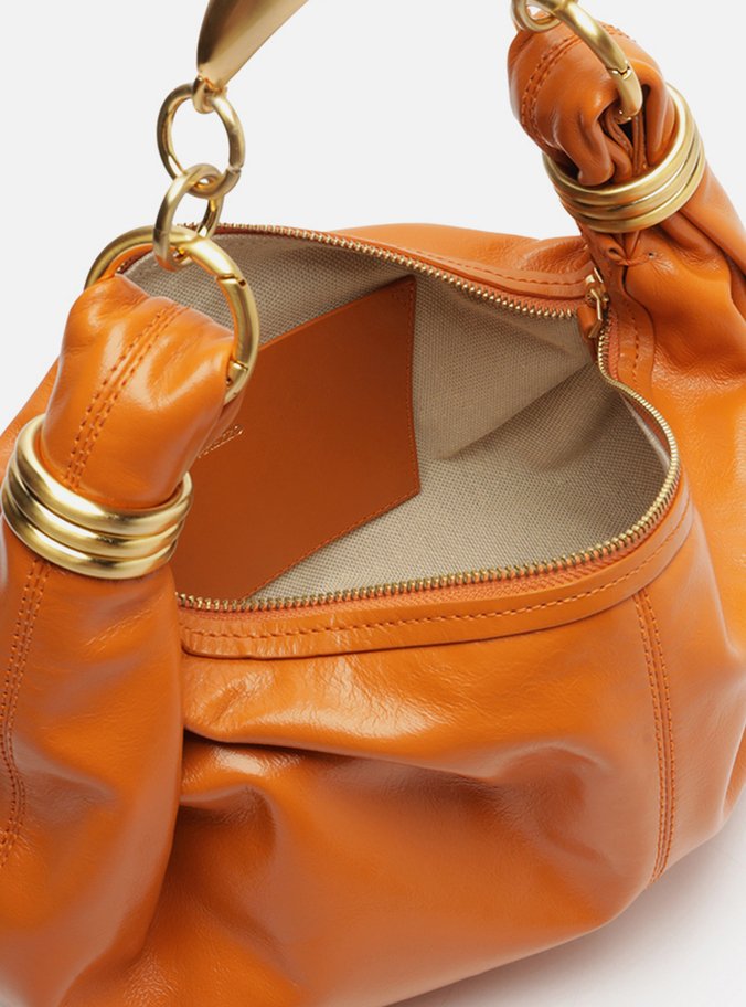 Bolsa Tiracolo Laranja Couro Média Alça Argolas