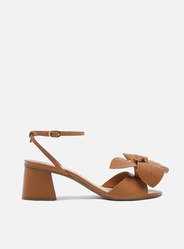 Sandália Marrom Couro Salto Bloco Flor Fiori
