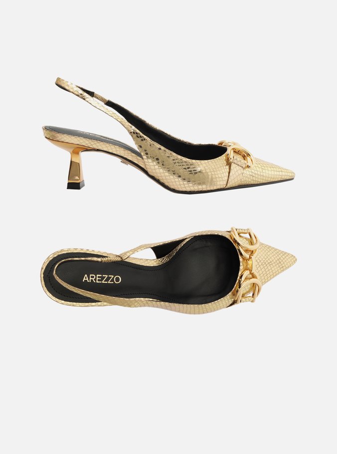 Scarpin Dourado Snake Bico Fino Slingback Bridão