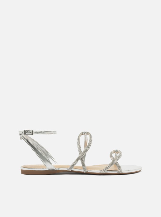 Sandália Rasteira Prata Strass Tiras Curva