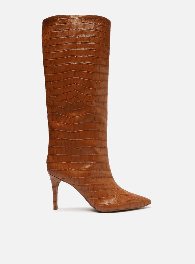 Bota Marrom Croco Cano Longo Salto Fino