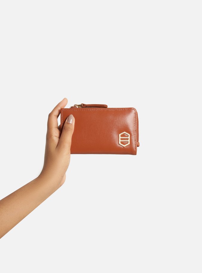 Carteira Terracota Couro Grande Metal Zíper Lateral