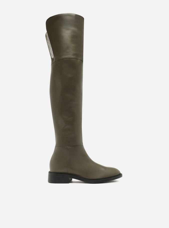 Bota Over The Knee Verde Couro Salto Bloco