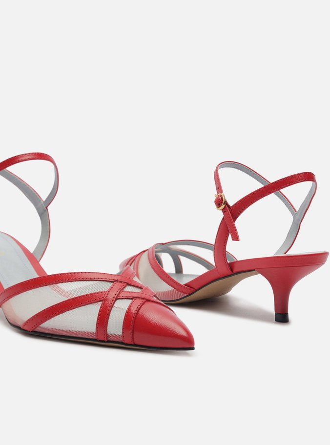 Scarpin Vermelho Couro Tela Salto Baixo Fivela