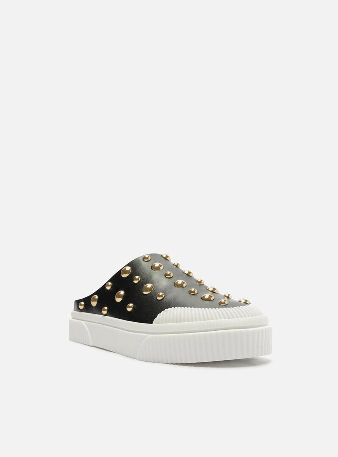 Tênis Mule Slip On Preto Couro Studs Miley