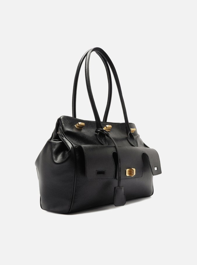 Bolsa Shopping Preta Couro Grande Bolso Recortes